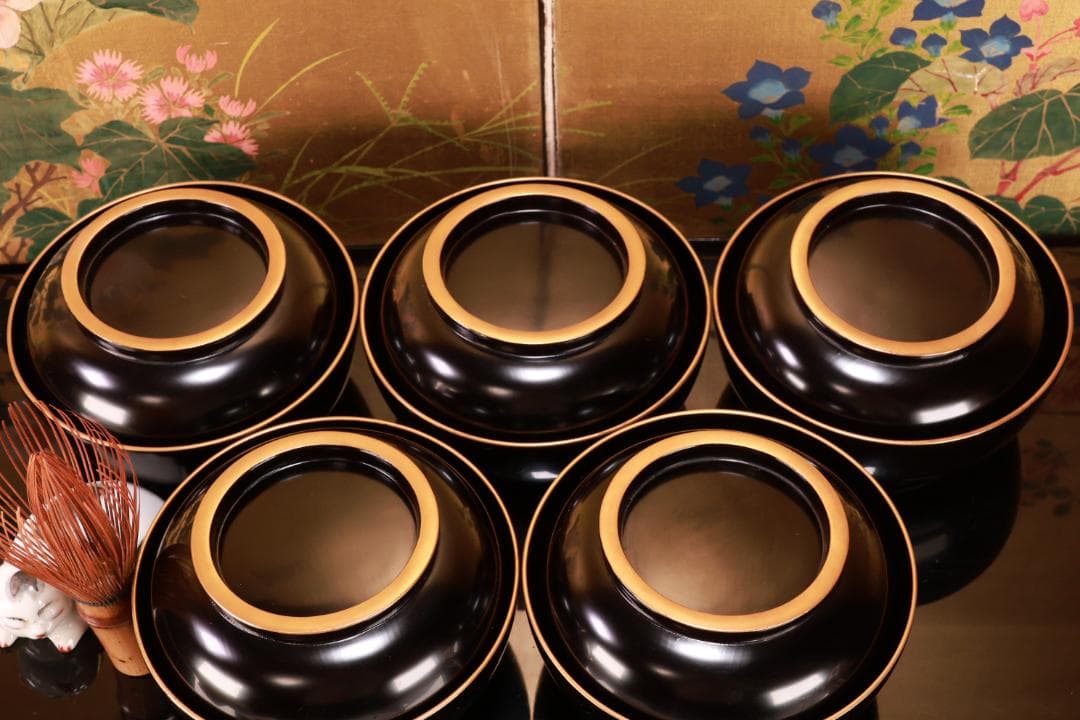 BJ017　輪島塗　布着堅地　盛岡庄五郎 作　縁金 草花金蒔絵椀　五客　木製