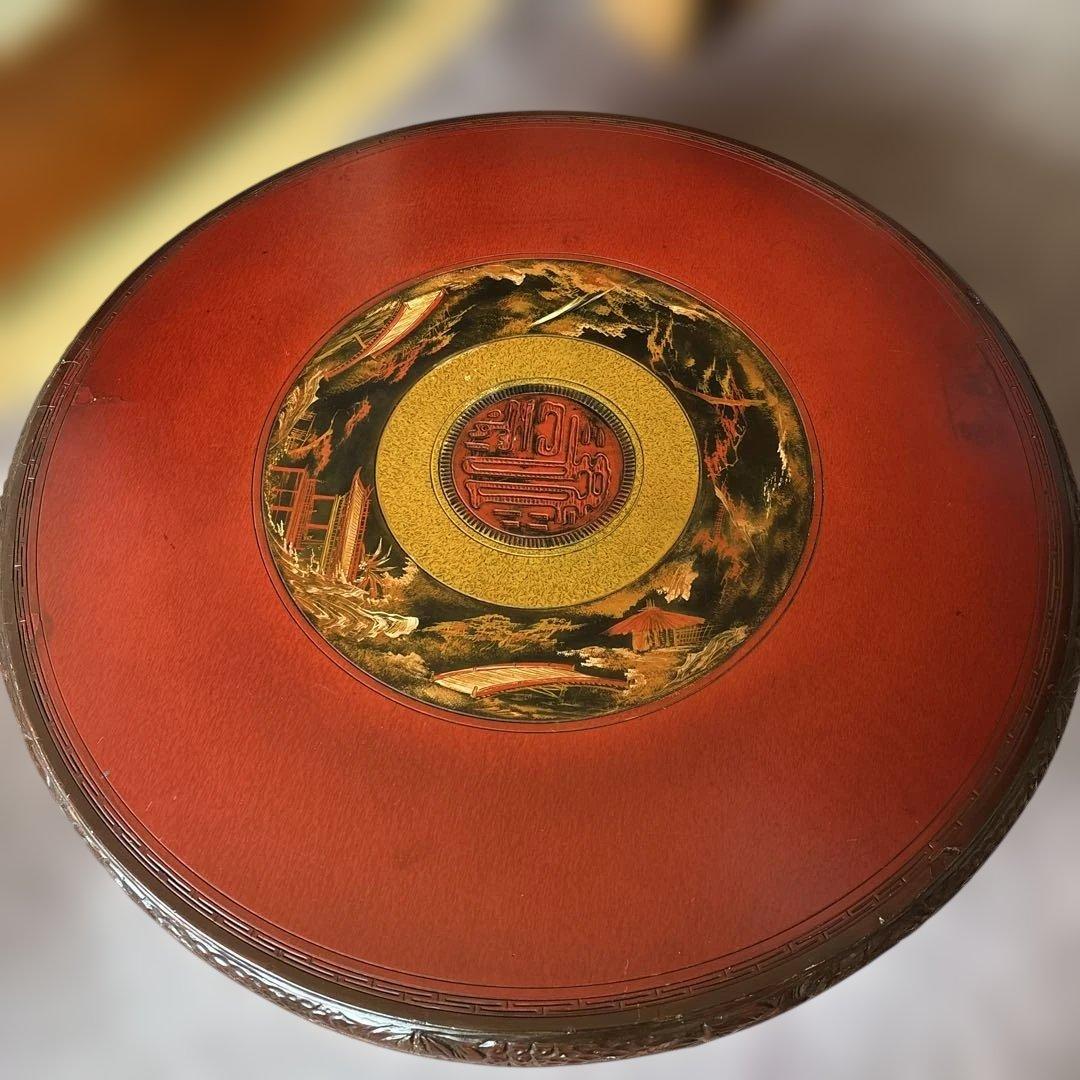 中国骨董 唐家具 レトロ 装飾彫り 円卓 座卓 ちゃぶ台 ローテーブル