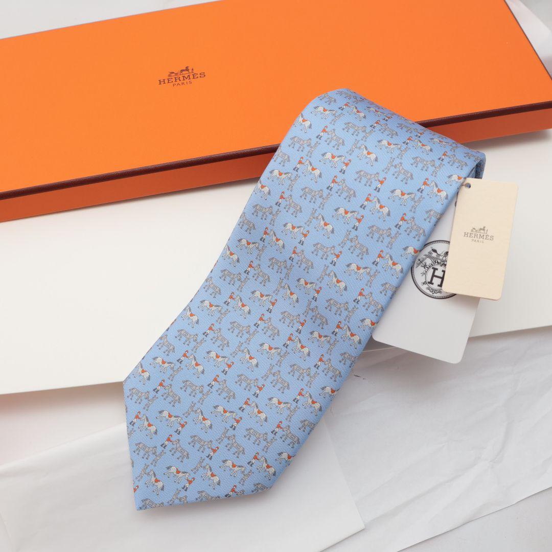 新品未使用 エルメス HERMES 馬柄 シルク ネクタイ 水色