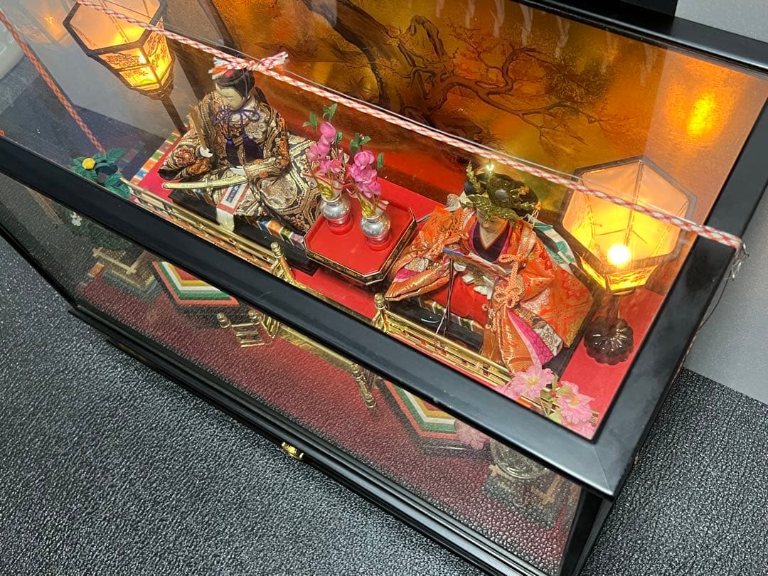 雛人形　親王飾　2人飾り　ガラスケース　オルゴール　元箱有　75×58×36cm