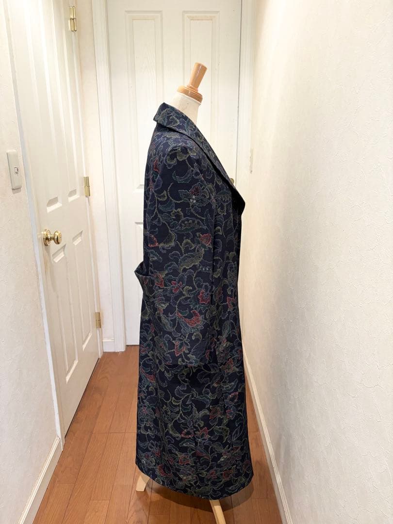 167 着物リメイク 正絹 紬 更紗花文 ロングコート リボン付