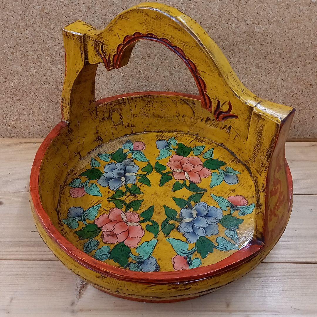 アンティーク　木製　手桶　黄色