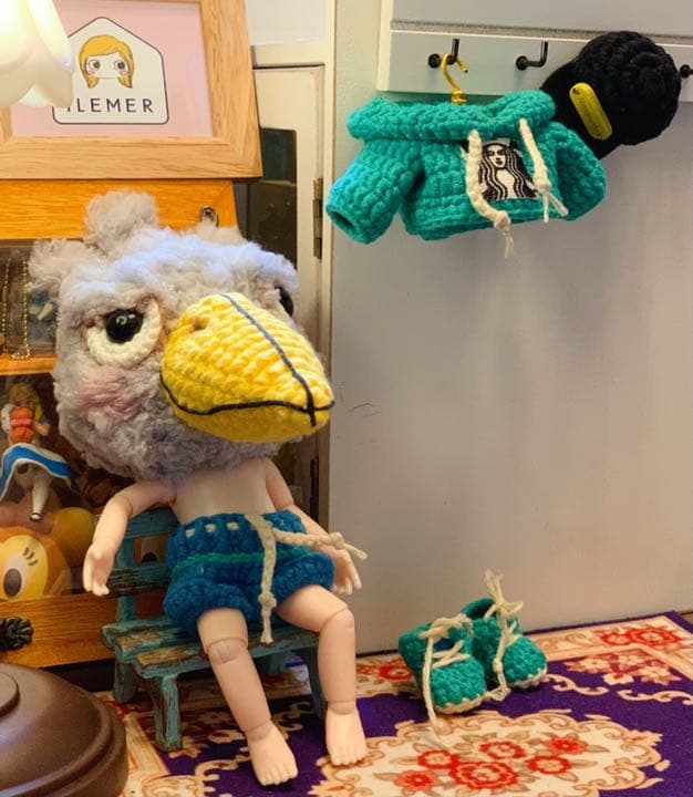 創作ドール　可動式ボディ　ハシビロコウ　編みぐるみ　人形