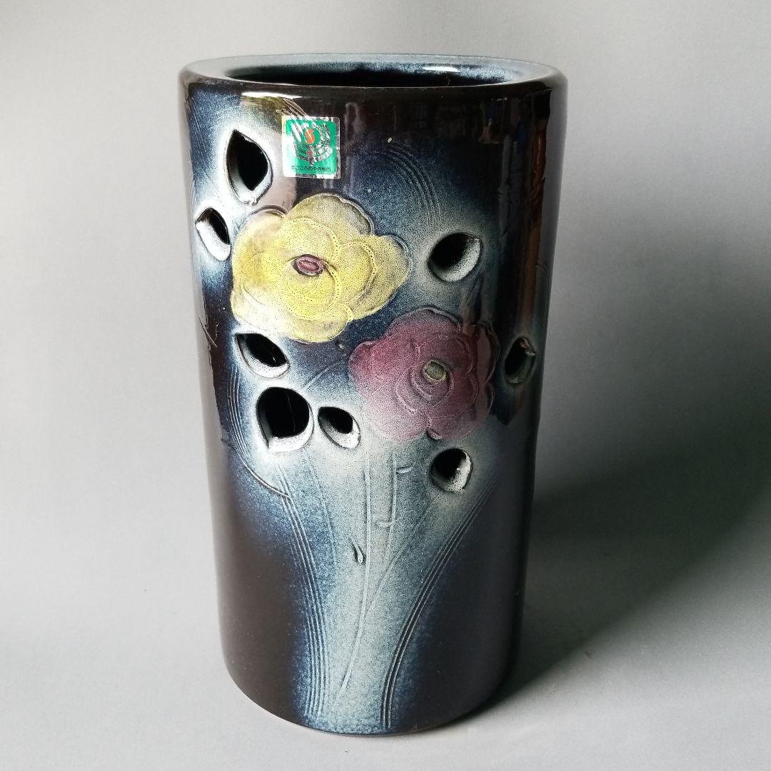 信楽焼傘立て  花絵彫 高さ４３cm