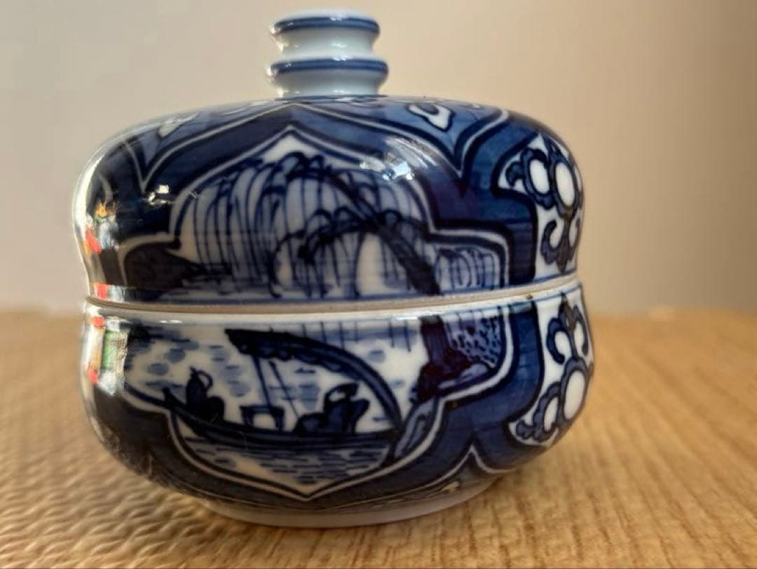 馬場京泉作、精密画染付け蓋付き容器、京焼、清水焼