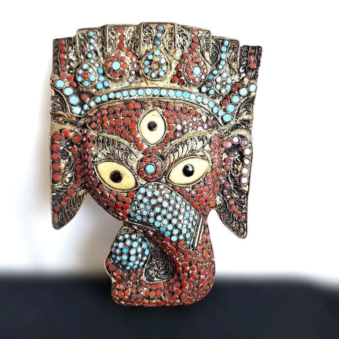 希少 お面 ガネーシャ 壁掛け マスク ネパール 工芸品 飾り 象神 置物