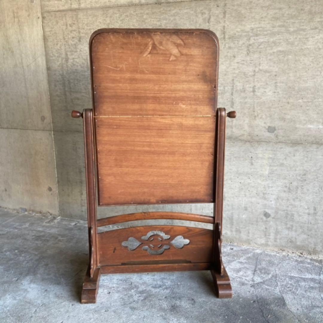 古い鏡台 姿見 ドレッサー スタンド 木製 欅 透かし彫り レトロ アンティーク