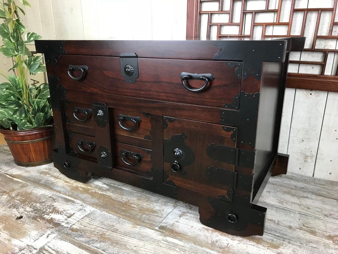 訳あり品！【138】民芸家具からくり車箪笥L木製桐材天然無垢飾り棚収納チェスト