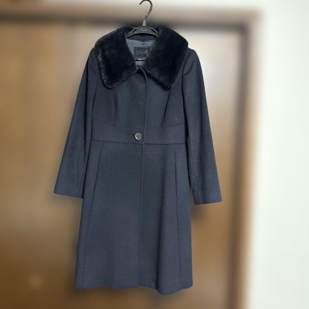 美品 FOXEY濃紺ファー襟 カシミヤロングコート