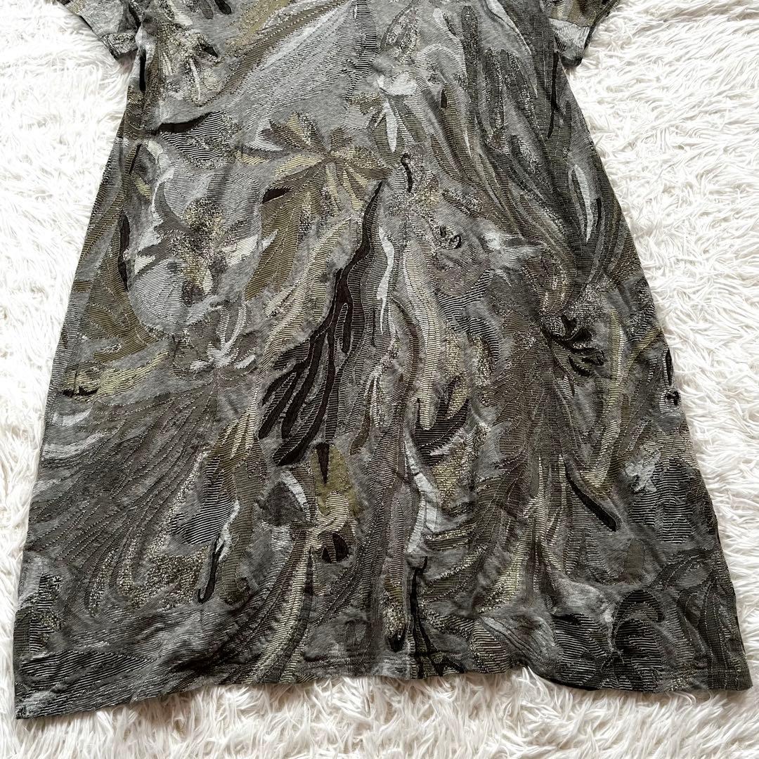 美品✨ババグーリ ボタニカル柄　ジャガード　ワンピース 半袖　ライトグレー