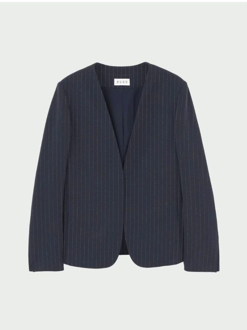 2点セット　ネイビー ストライプ ノーカラージャケットL　テーパードパンツXL