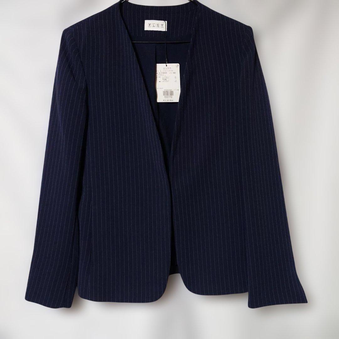 2点セット　ネイビー ストライプ ノーカラージャケットL　テーパードパンツXL