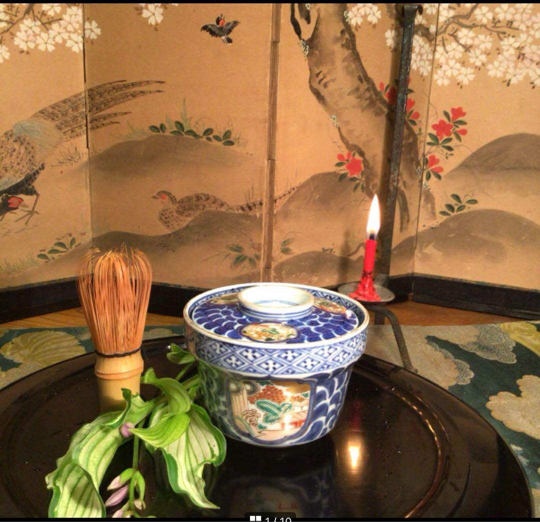 A1032 古伊万里染錦手　唐草　窓絵山水紋様　蓋茶碗　1客