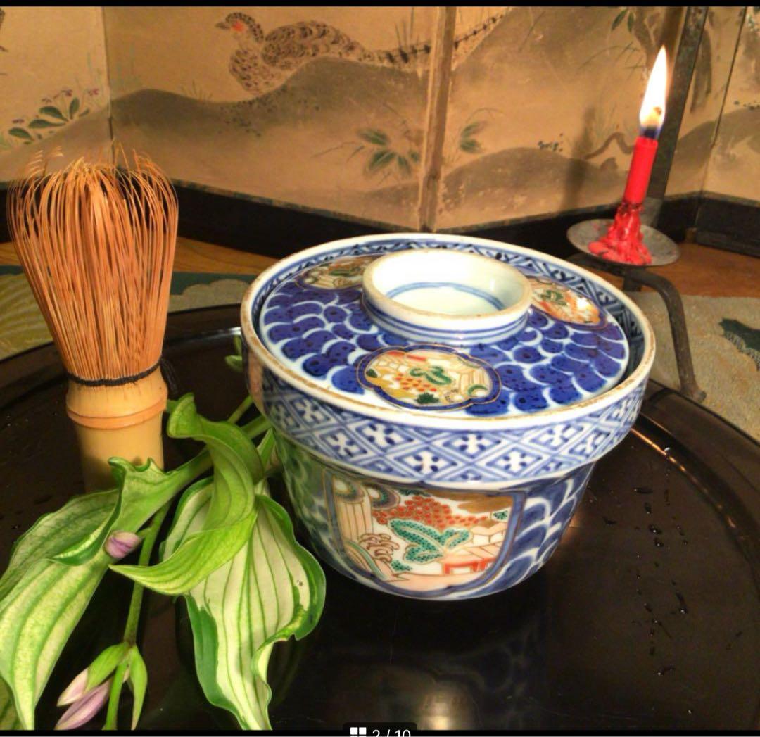 A1032 古伊万里染錦手　唐草　窓絵山水紋様　蓋茶碗　1客