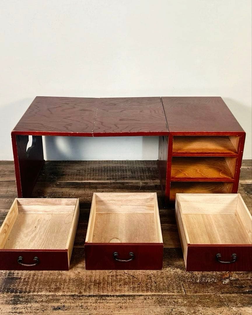 折りたたみ文机 アンティーク 日本古家具 大正〜昭和初期 無垢 三段引出 古道具