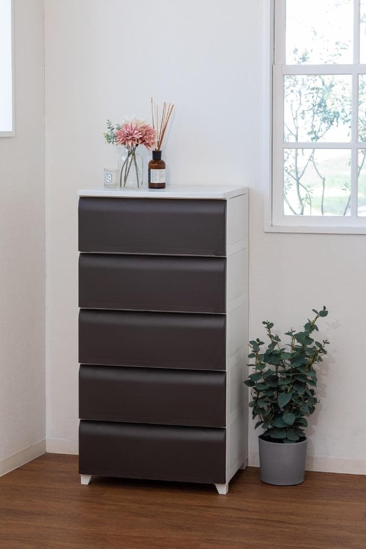 PES CST　収納チェスト　5段　日本製　ホワイト＊ブラウン　ワイド