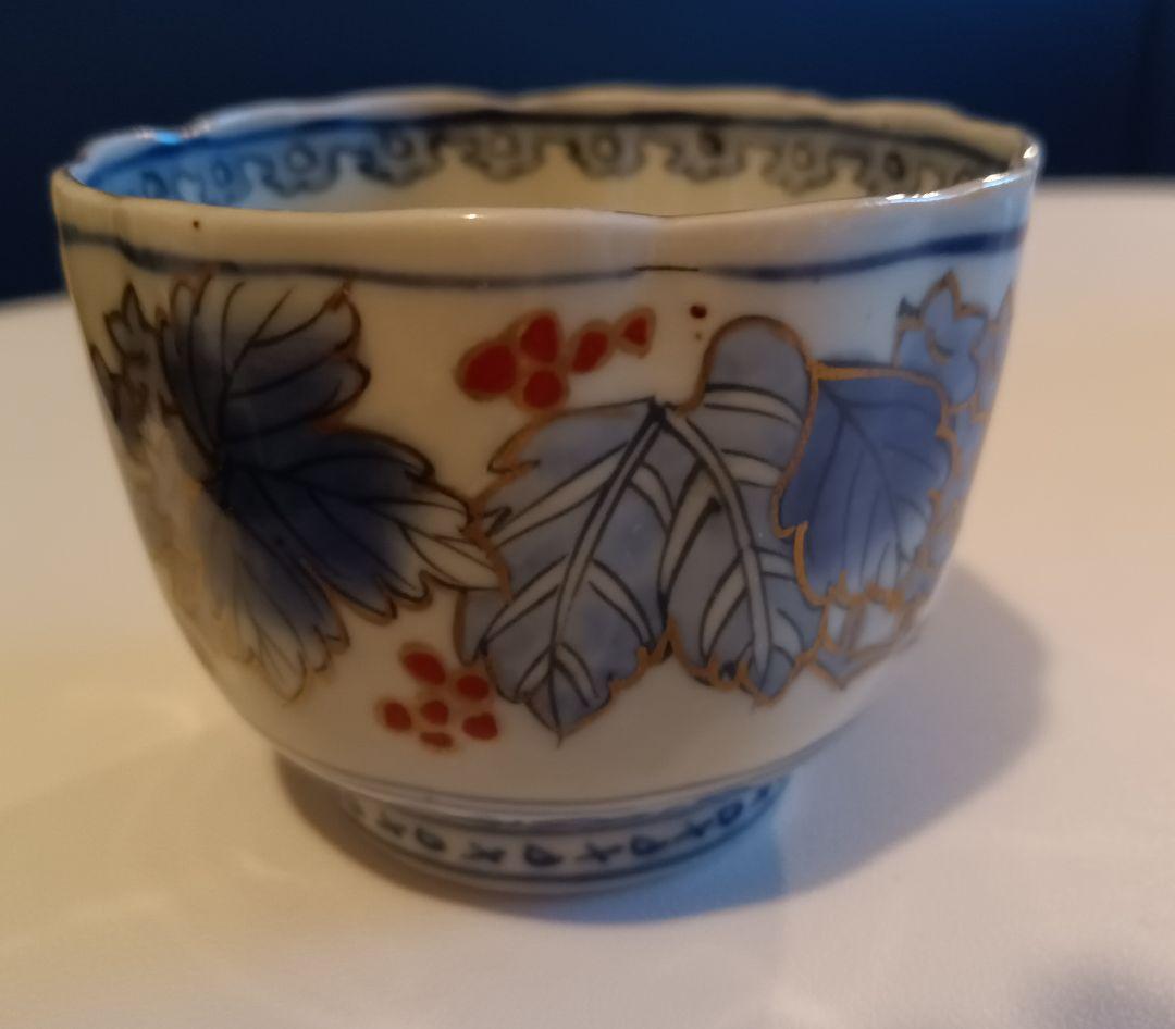 【古伊万里】草木装飾　金彩染付　蕎麦猪口　江戸時代中期