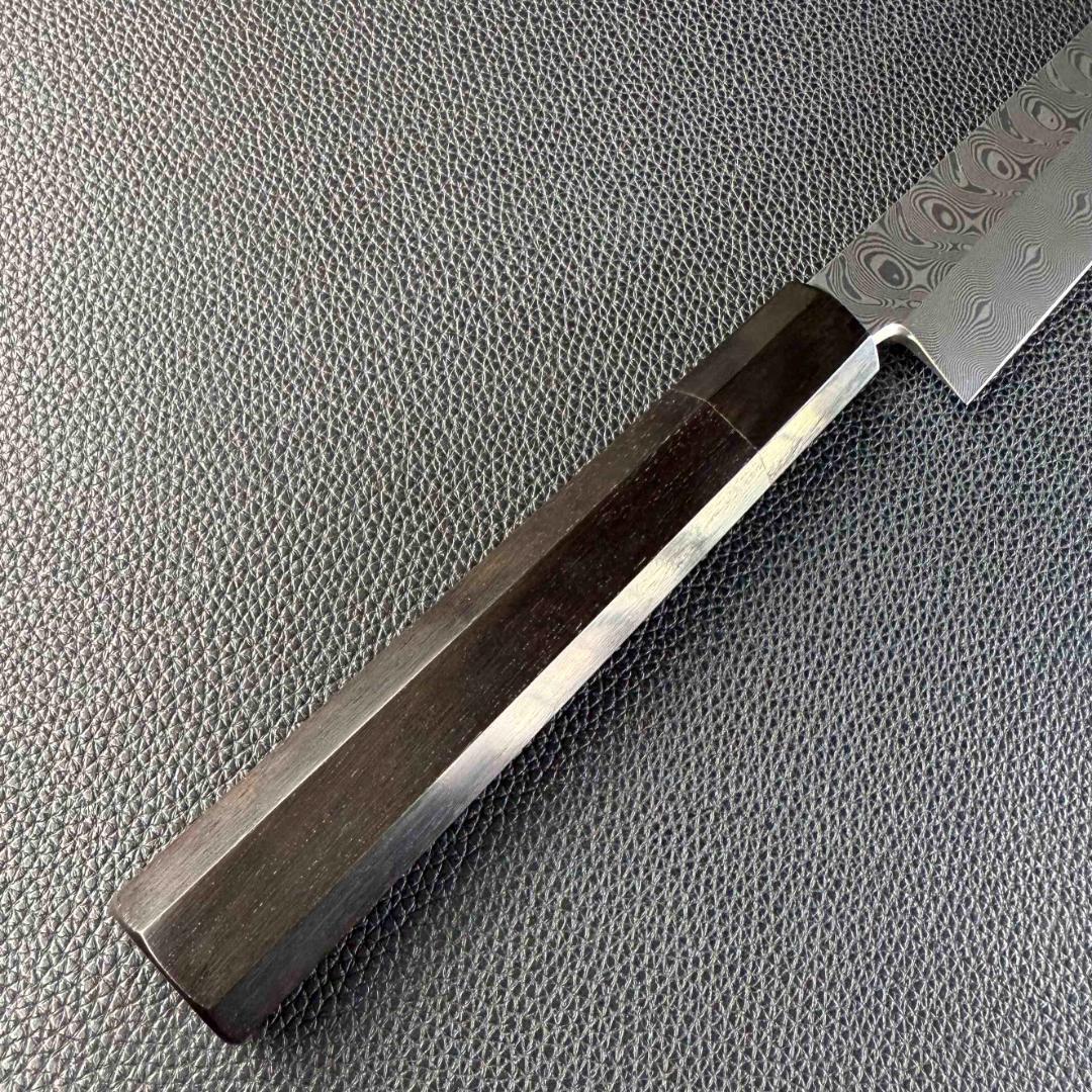 9658 新品 ダマスカス 先丸包丁 尺 渦潮紋 105層 黒檀黒水牛角八角柄