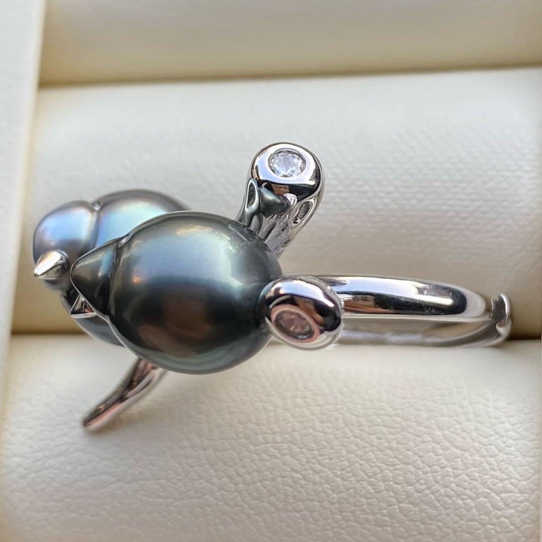 本真珠　南洋黒蝶真珠ダブルリング「鳥と枝」13mmダークグリーンL1259