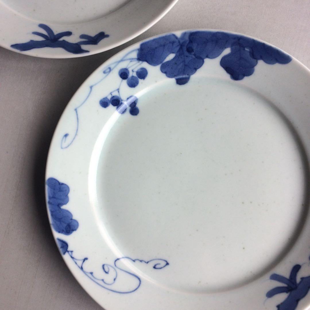 有田焼 手描き染付山葡萄絵リム皿2枚 TS0921