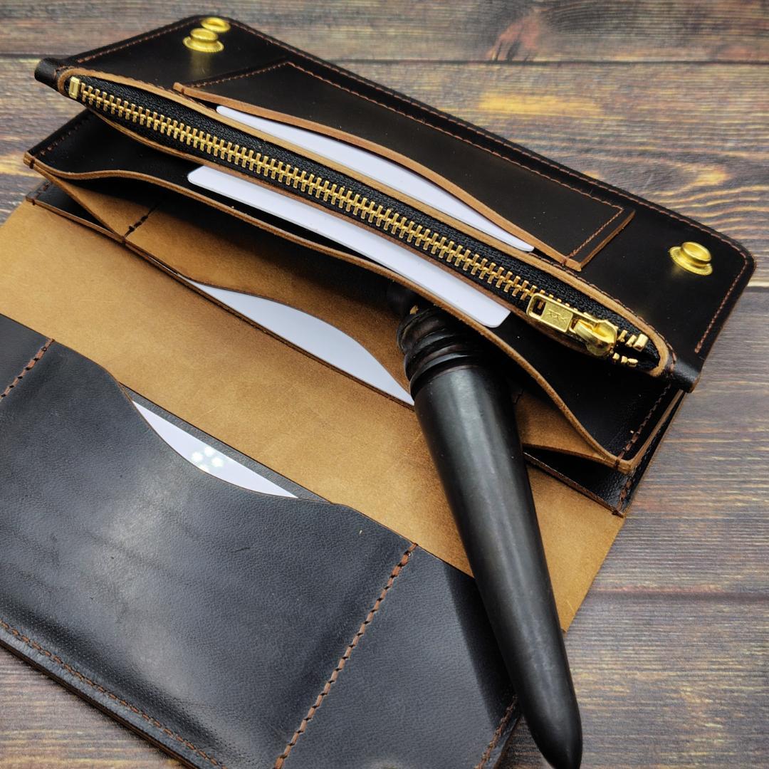 ロングトラッカーウォレット ホースバット ハンドメイド 本革 茶芯ブラック