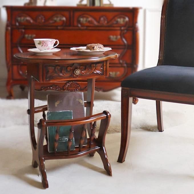 世界最高峰木材　マホガニー仕様　『サイドテーブル&マガジンラック』　手彫り彫刻