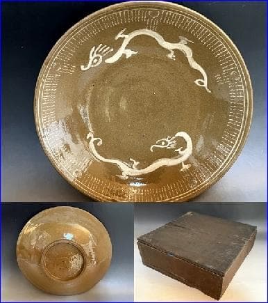 皿■希少 中国 古い白龍紋茶釉皿 大中皿 飾り皿 時代箱 古玩 時代物 骨董品■
