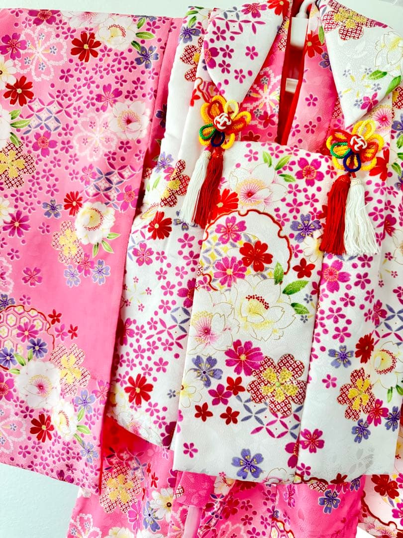 七五三 着物セット フルセット 白 ピンク 花柄 女の子 3歳 7点セット