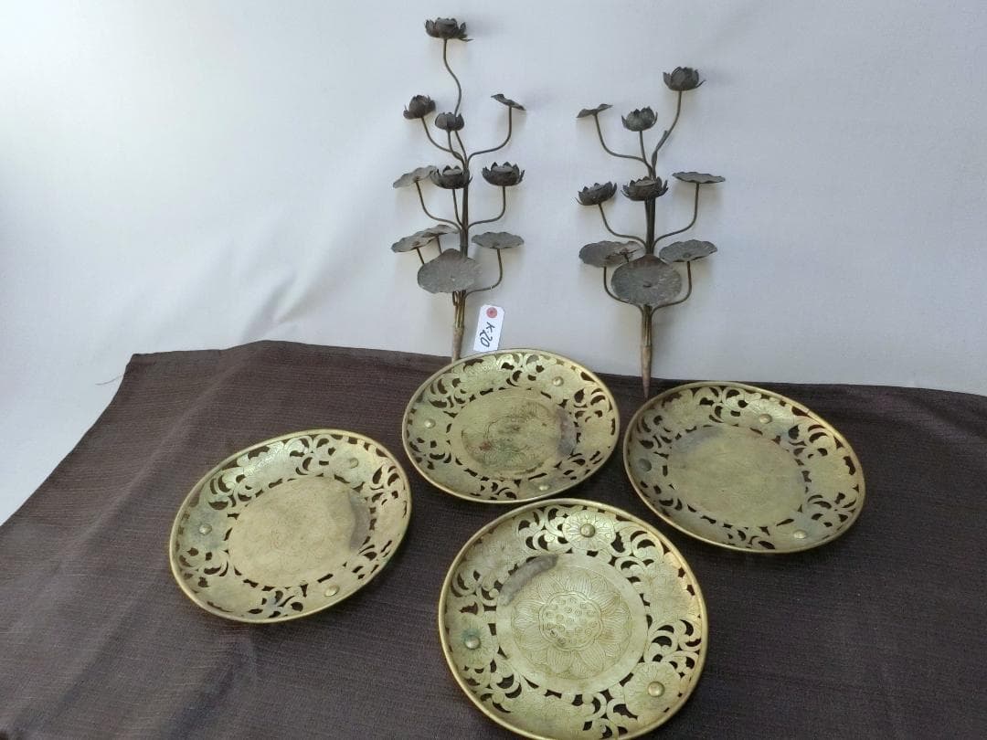 仏教美術！【仏具　華籠　けご　4点　蓮花１対・K20・骨董】仏　佛　恵比寿大黒