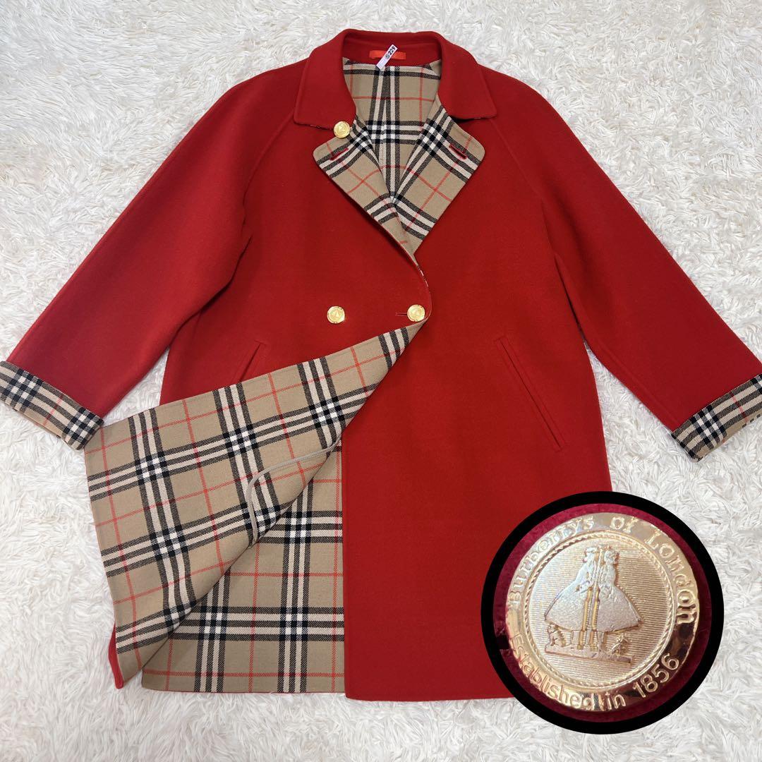 《希少色》バーバリー ピーコート チェック 金ボタン ダブルフェイス カシミヤ混