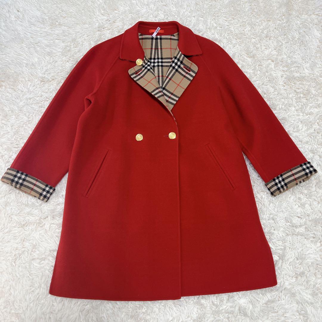 《希少色》バーバリー ピーコート チェック 金ボタン ダブルフェイス カシミヤ混