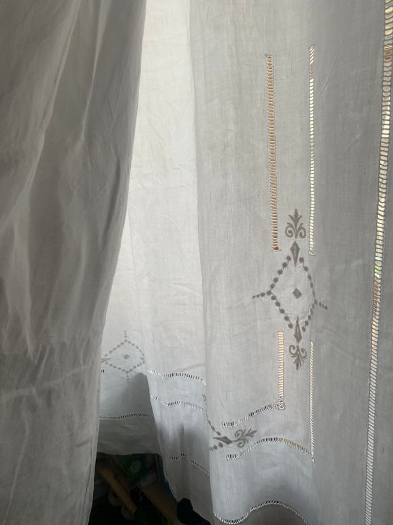 フランスアンティーク 薄手コットン 超大判一枚布 3.1x2.2m 手刺繍レース