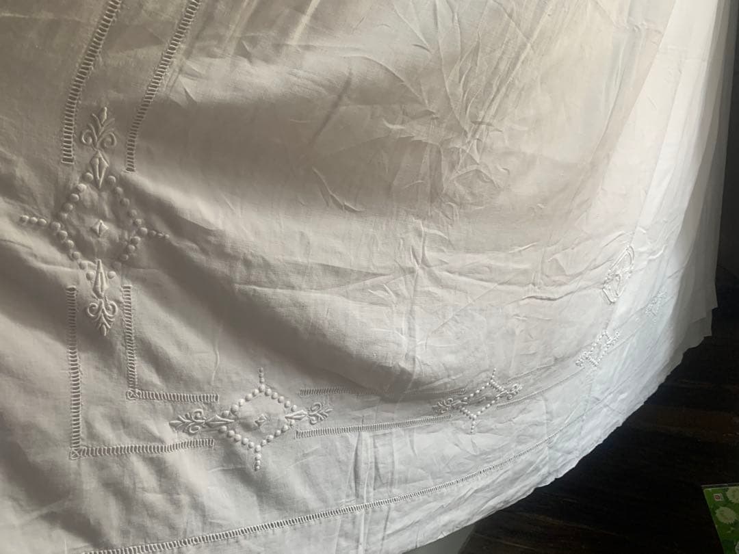 フランスアンティーク 薄手コットン 超大判一枚布 3.1x2.2m 手刺繍レース