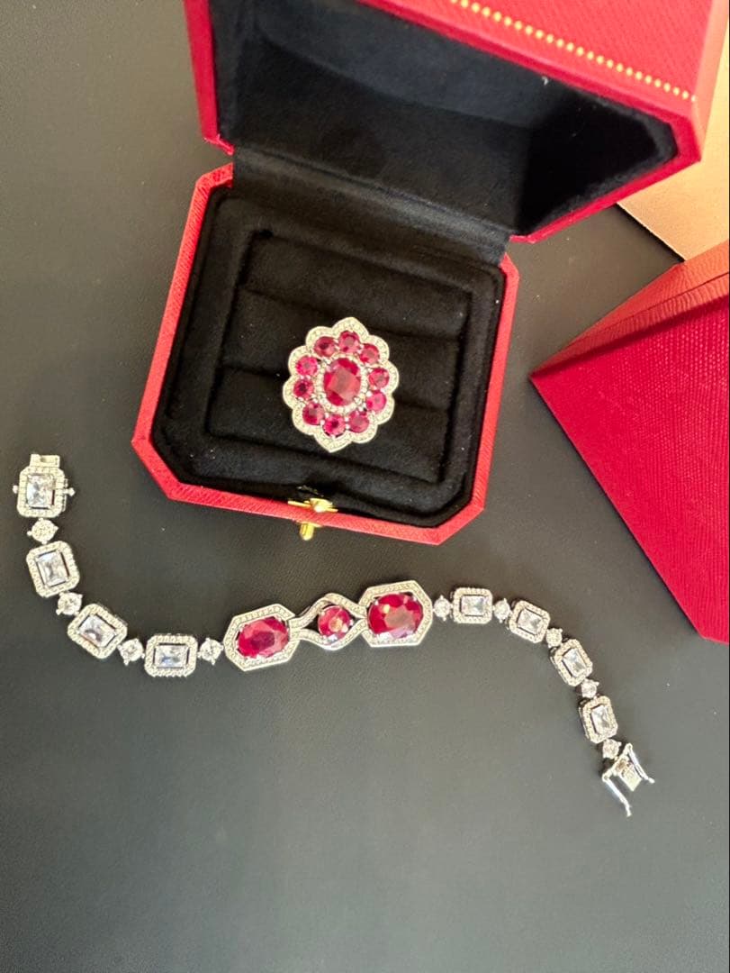 ど*☆様 天然石ルビーデザインリング＆ブレスレットセット