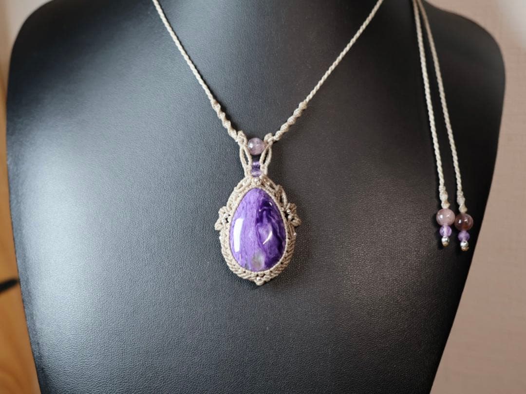 でんちゃん グリーンマイカ　チャロアイト　マクラメ　ネックレス