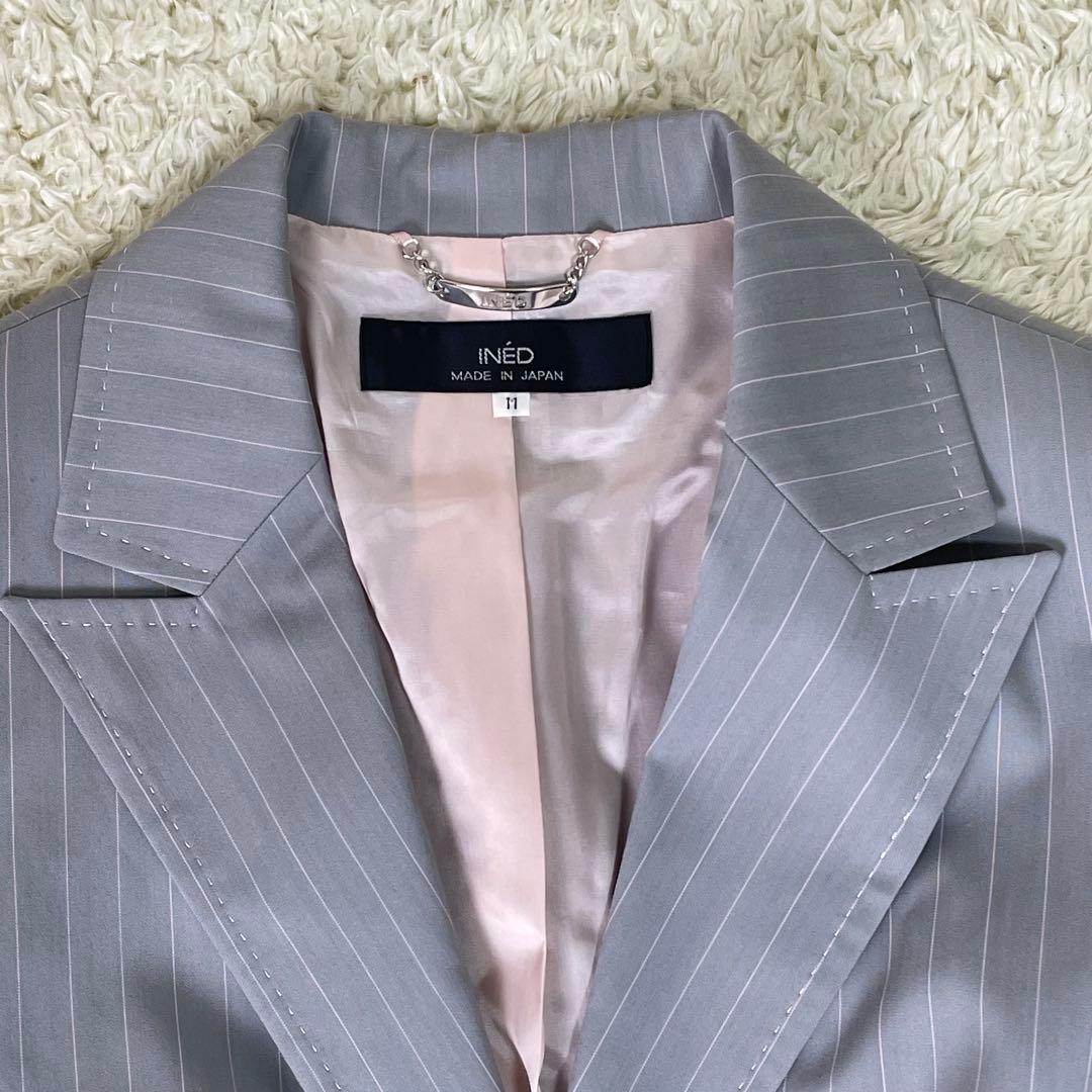 INED レディース　セットアップ パンツ　グレー　ストライプ　11号　日本製
