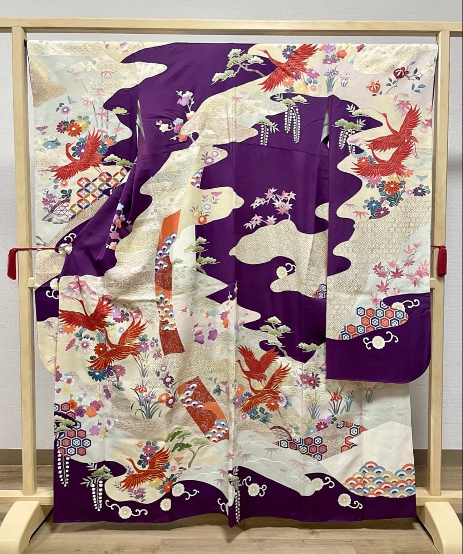 D 振袖襦袢セット 鶴に花々模様 金銀彩 金駒刺繍 正絹 袷 振袖 着物 K12