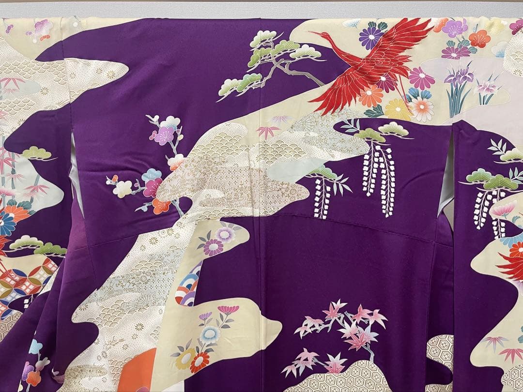 D 振袖襦袢セット 鶴に花々模様 金銀彩 金駒刺繍 正絹 袷 振袖 着物 K12