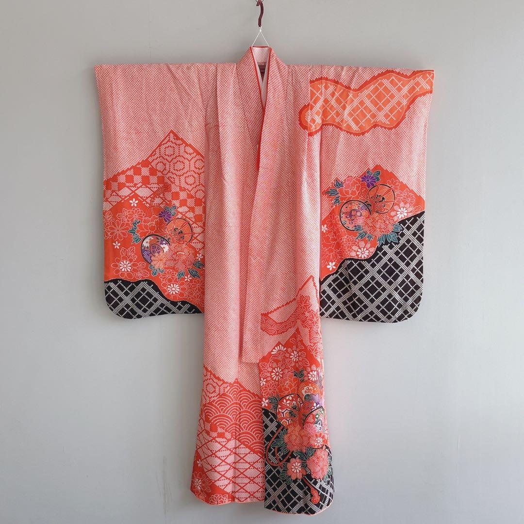 美品　七五三７歳女の子　フルセット　赤地しぼり柄　緑地袋帯　小物　7331