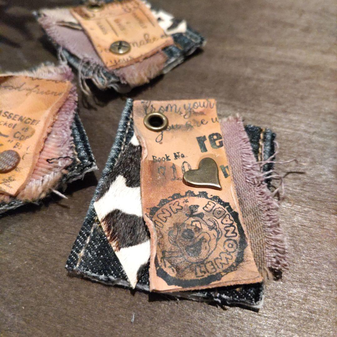 デニムリメイク☆ハラコ付男前タグ✨汚し革タグ