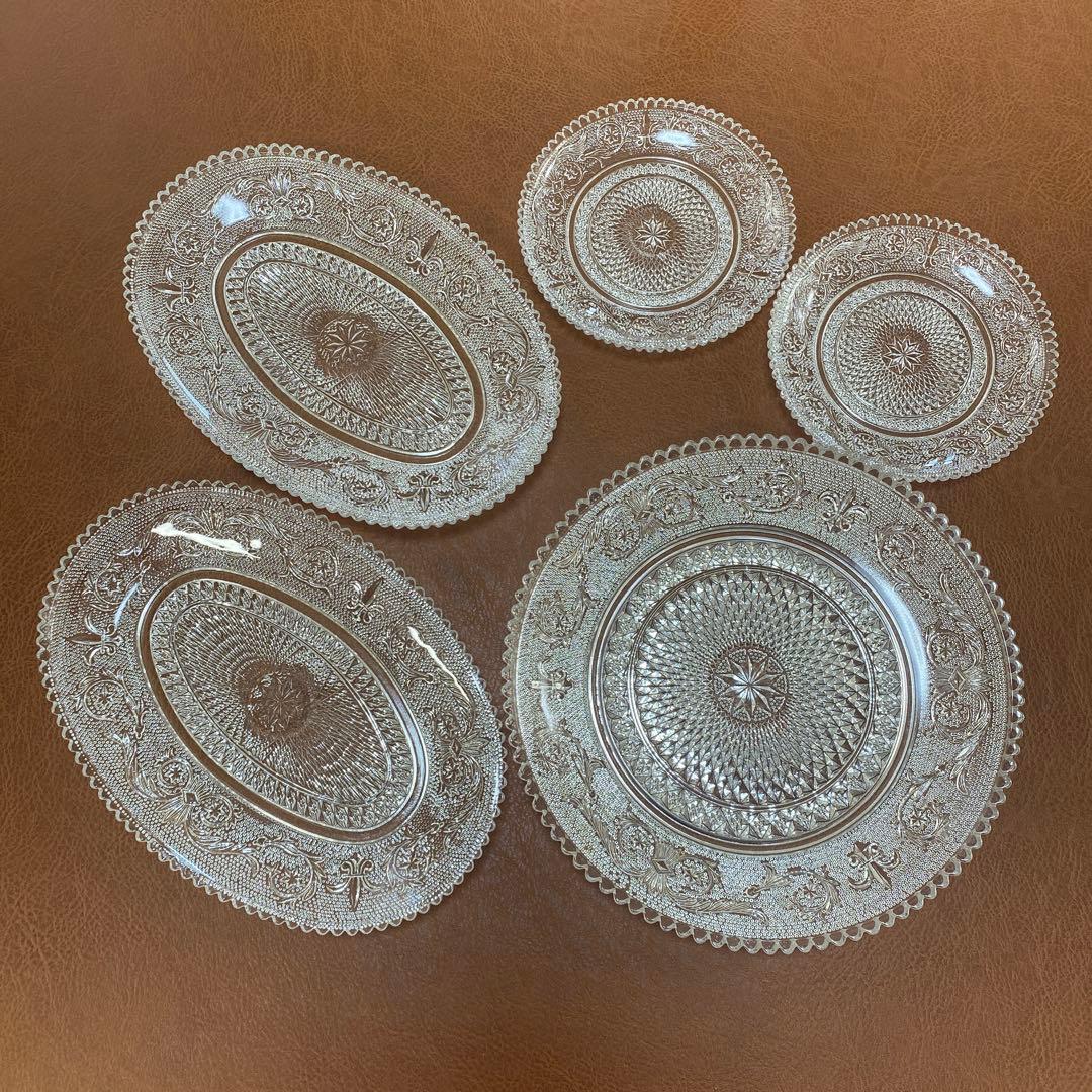 レトロ　長谷川ガラス　エリザベス　大皿　だ円皿　 銘々皿　計5枚セット　プレス