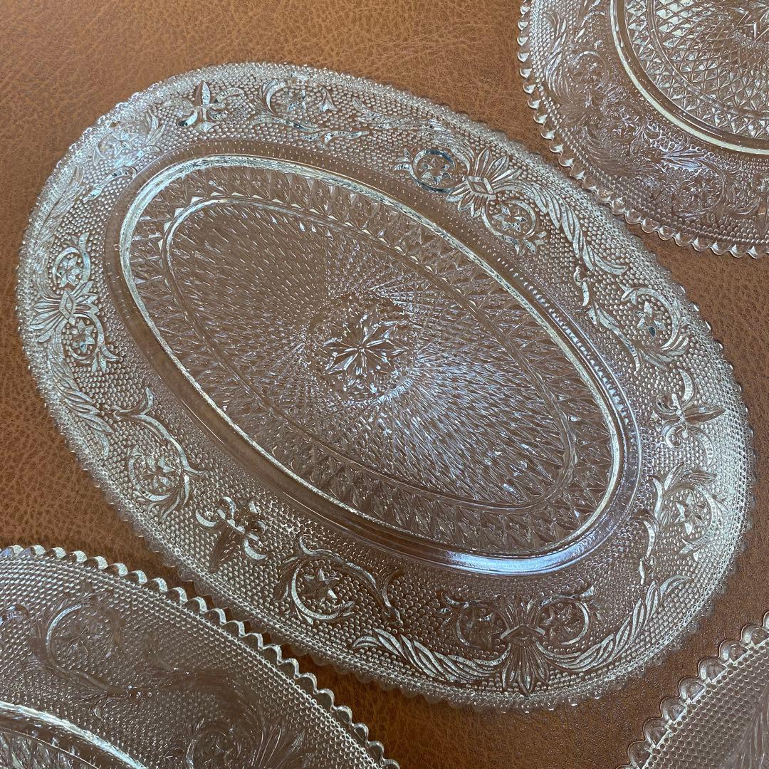 レトロ　長谷川ガラス　エリザベス　大皿　だ円皿　 銘々皿　計5枚セット　プレス