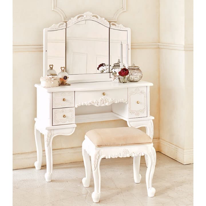 姫系　猫足　エレガントな彫刻のドレッサー＋スツールセット