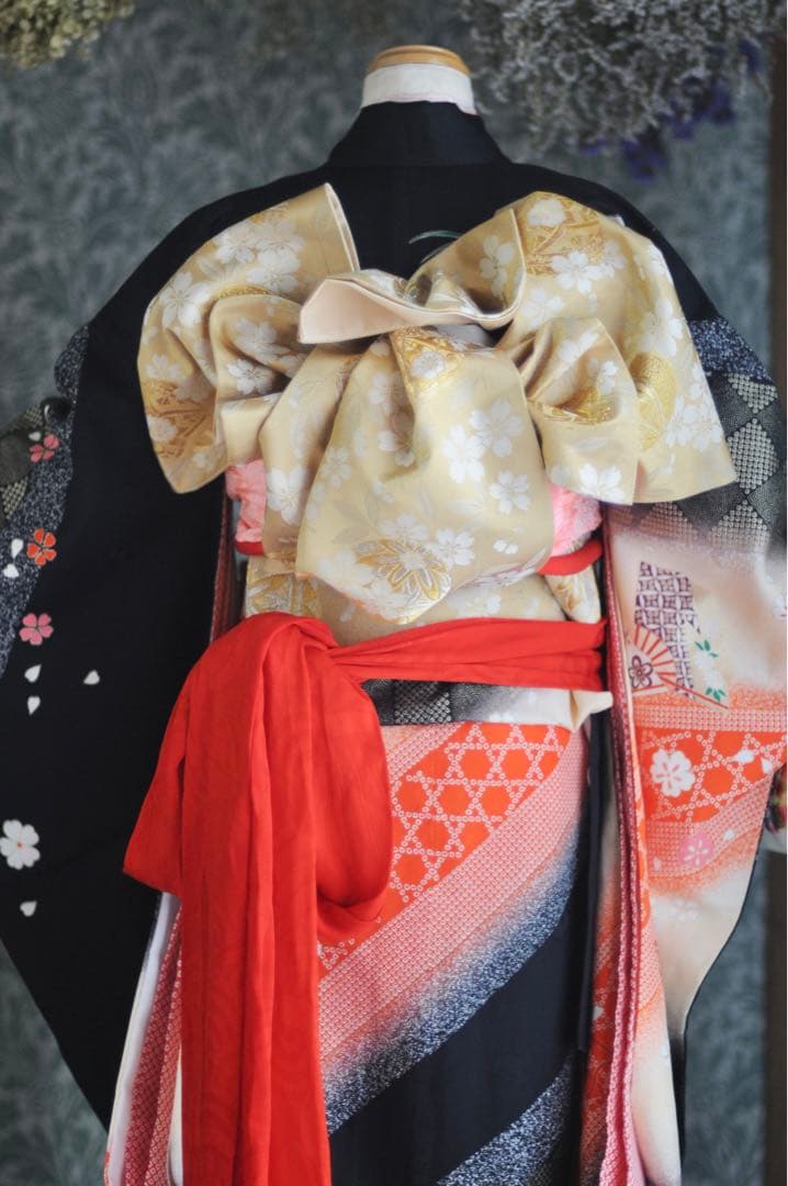 七五三 フルセット 正絹 5歳 7歳 作り帯 袋帯 ジュニア 黒 アンティーク