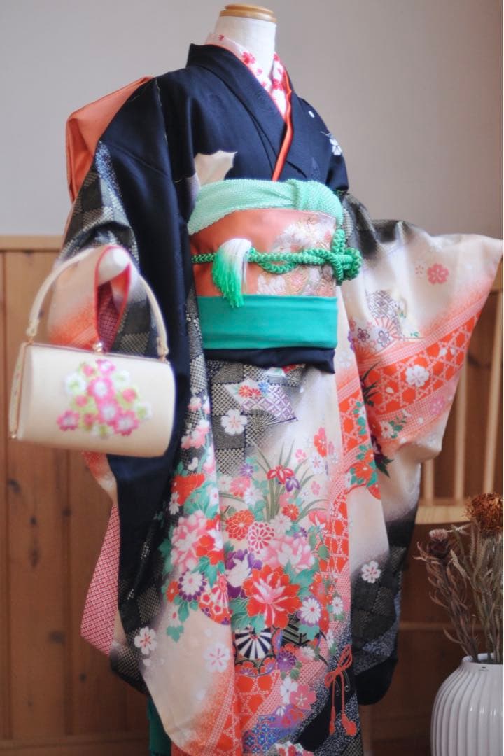 七五三 フルセット 正絹 5歳 7歳 作り帯 袋帯 ジュニア 黒 アンティーク