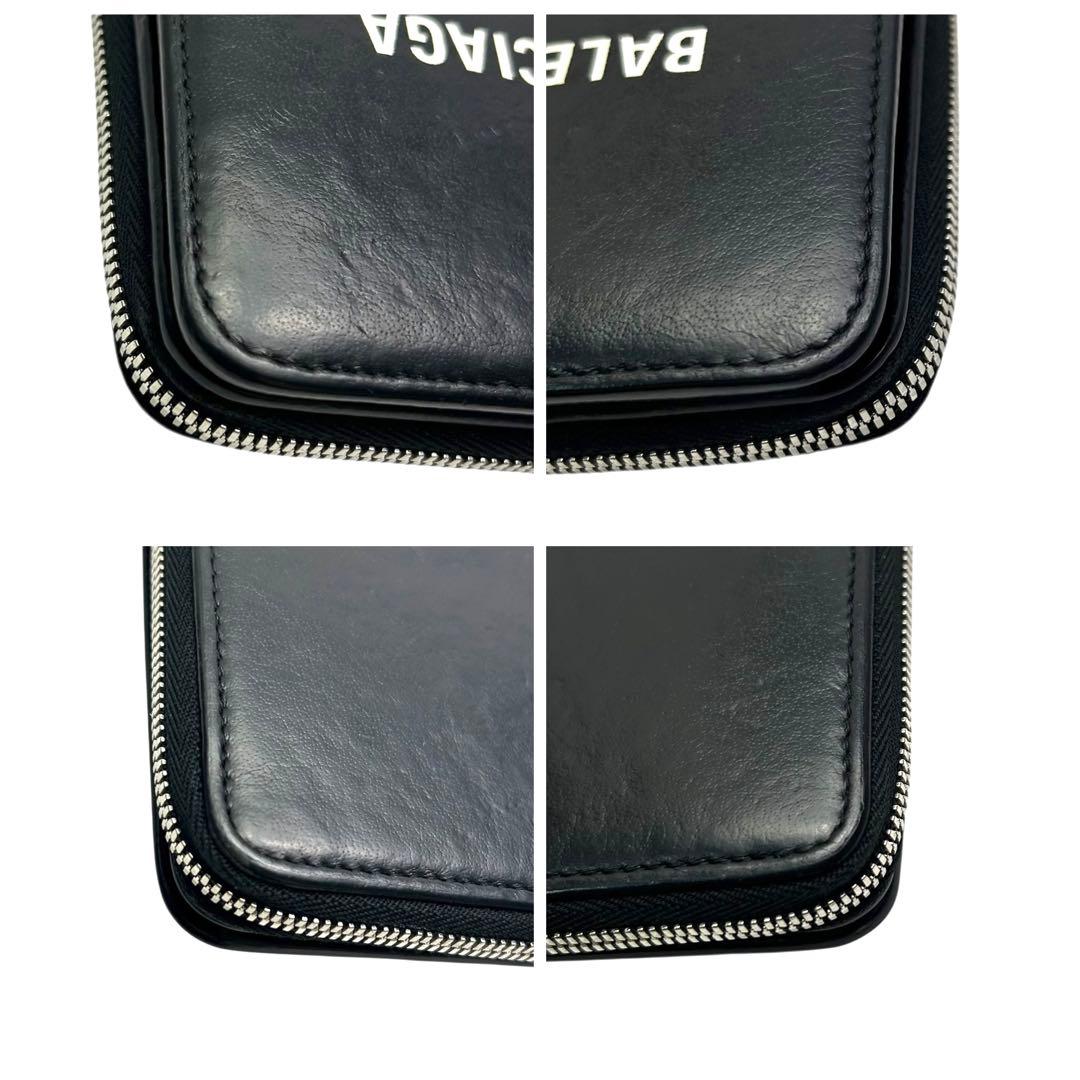 バレンシアガ 二つ折り財布 エブリデイ ロゴ ファスナー レザー ブラック　黒