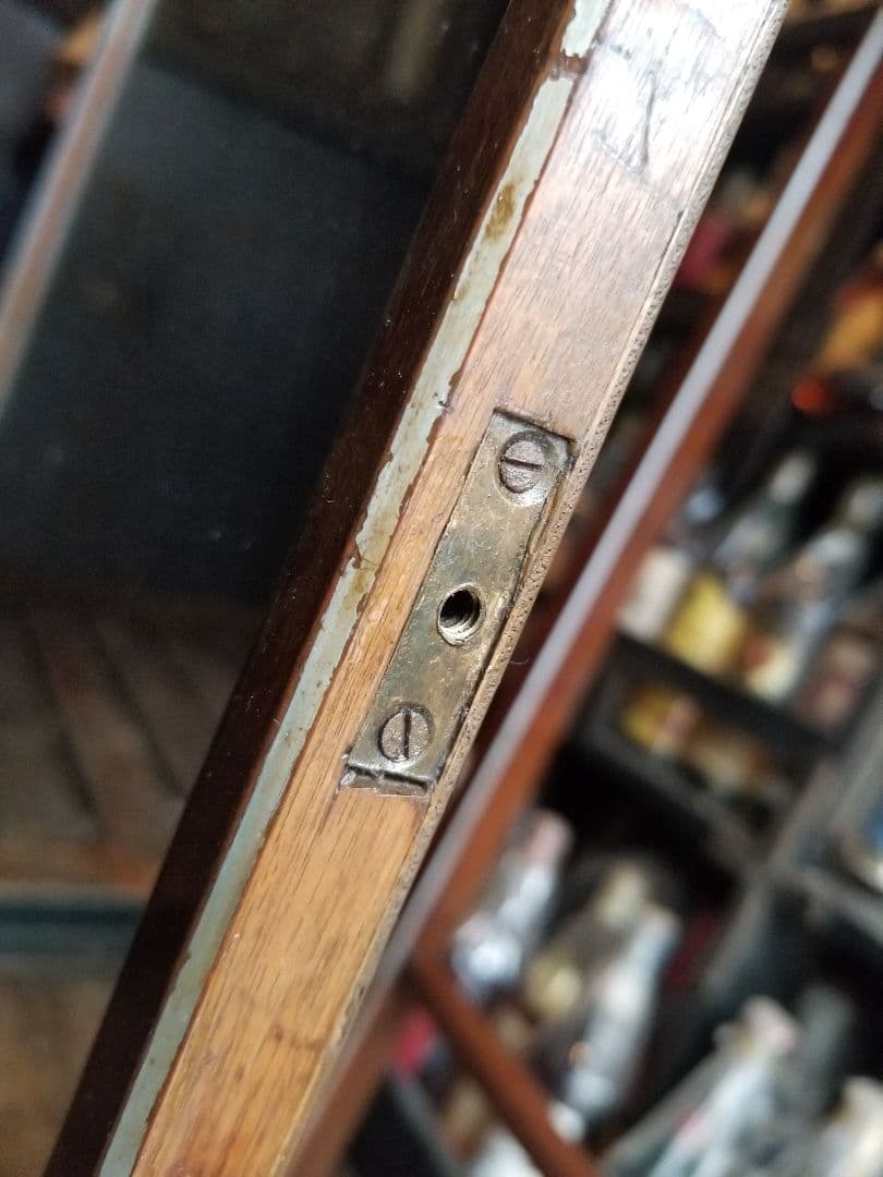 大正　年代物　浪漫　モダン　真鍮　金具　アーチ型　楔　組木　細工　スタンドミラー