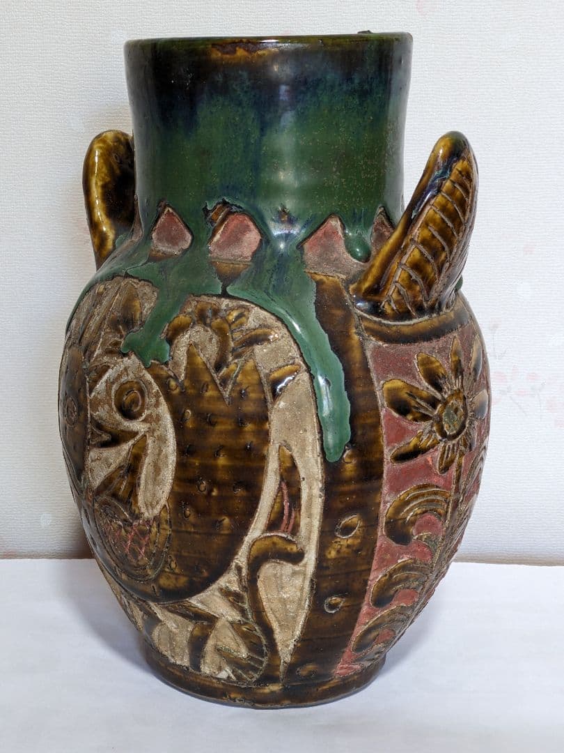 ♦琉球 飴釉掻落し 魚紋文様 双耳壺 瓶 沖縄花瓶 珍物珍品 古美術品 骨董品