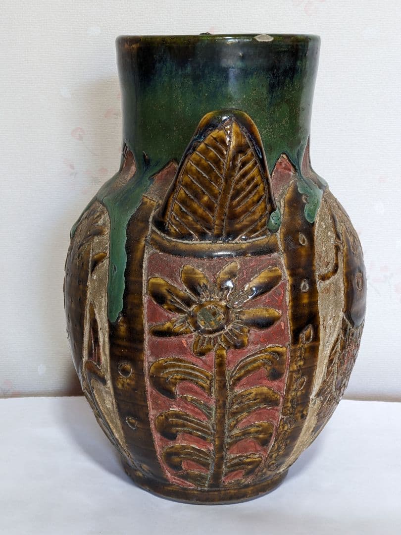 ♦琉球 飴釉掻落し 魚紋文様 双耳壺 瓶 沖縄花瓶 珍物珍品 古美術品 骨董品