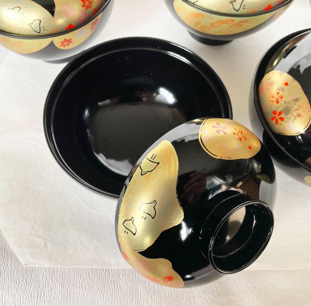 吸物椀 金貝合わせ 千鳥と紅葉 丸型高千才椀 黒塗 漆塗 5客 雑煮椀 おせち
